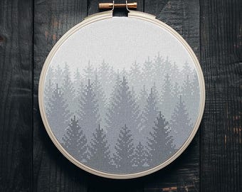Foggy Forest Modern Cross Stitch Pattern PDF, Misty Gray Trees Counted Cross Stitch Chart, Nature, Hoop Art Embroidery, Digital Download
