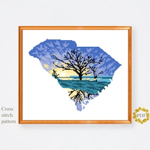 Patrón de punto de cruz moderno del estado de Carolina del Sur PDF, gráfico de punto de cruz contado de mapa, paisaje, naturaleza, árbol, bordado, descarga digital