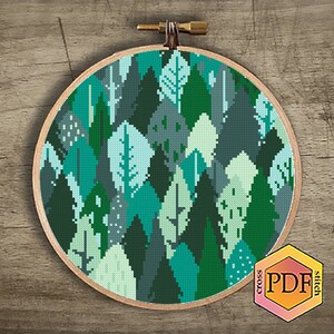 Green Forest Modern Cross Stitch Pattern PDF, Landscape Counted Cross ...