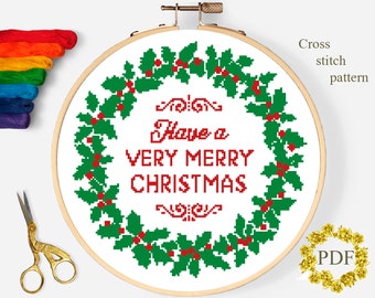 Christmas Wreath Modern Cross Stitch Pattern, Floral Counted Cross Stitch Chart, Xmas, Holiday, Hoop Art Embroidery, Digital Download PDF