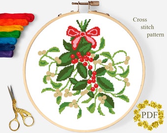 Mistletoe Kisses Modern Cross Stitch Pattern PDF, Christmas Counted Cross Stitch Chart, Xmas, Holiday, Hoop Art Embroidery, Digital Download