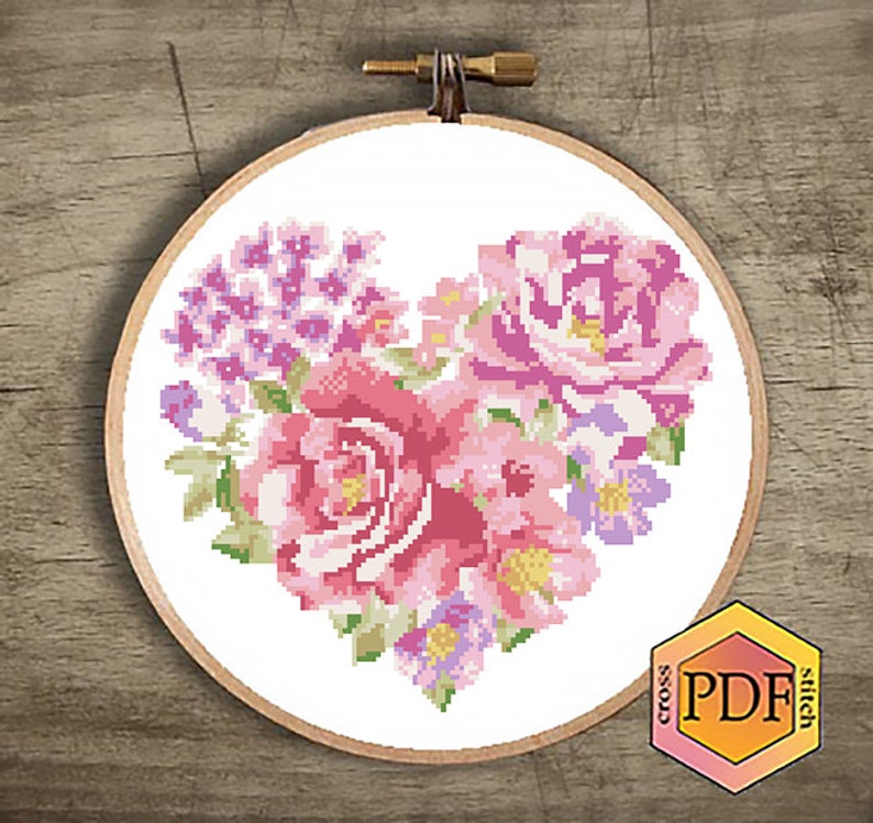 Flowers Roses Modern Cross Stitch Pattern PDF, Watercolor Floral Heart ...