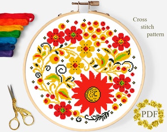 Folk Art Modern Cross Stitch Pattern, Flowers Counted Cross Stitch Chart, Floral Cross Stitch, Nature, Hoop Embroidery, Digital Download PDF