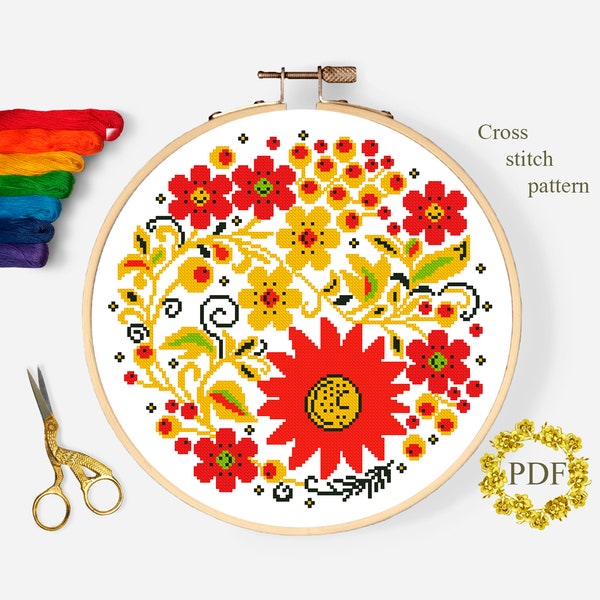 Folk Art Modern Cross Stitch Pattern, Flowers Counted Cross Stitch Chart, Floral Cross Stitch, Nature, Hoop Embroidery, Digital Download PDF