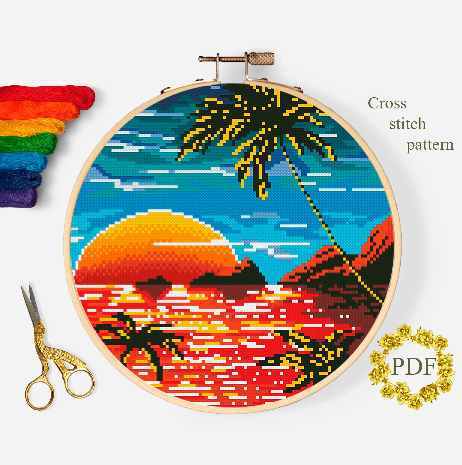 Set Sea Landscape Modern Cross Stitch Pattern PDF, Sunset Counted Cross ...