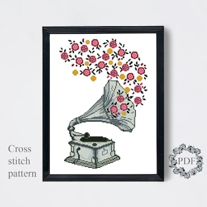 May include: Cross stitch pattern of a vintage record player with a floral design. The record player is gray and white with a black record. The flowers are pink, red, and yellow.