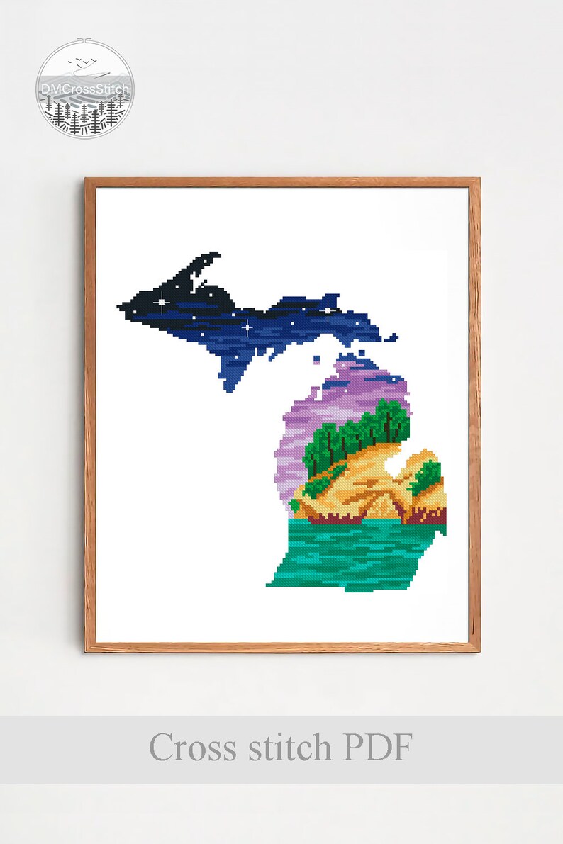 Michigan Pdf Frame Michigan State Modern Cross Stitch Pattern PDF, Landscape Map Counted ...
