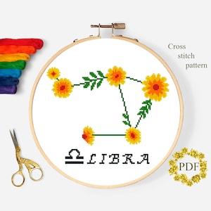 Libra Patrón de punto de cruz moderno PDF, Signo del zodíaco floral Gráfico de punto de cruz contado, Flores, Astrología, Bordado de aro, Descarga digital