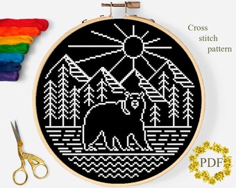 Bear Modern Cross Stitch Pattern PDF, Mountain Landscape Counted Cross Stitch Chart, Nature, Animal, Forest, Embroidery, Digital Download