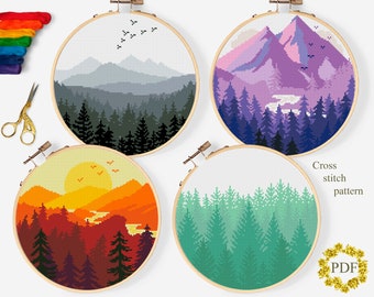 Set of Landscape Modern Cross Stitch Pattern PDF, Mountains Counted Cross Stitch Chart, Nature, Forest, River, Embroidery, Digital Download
