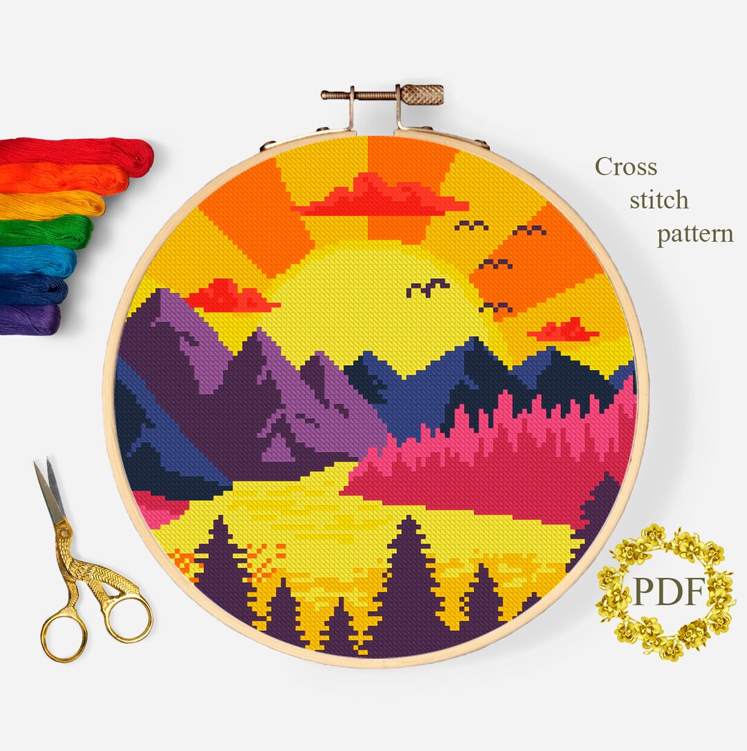 Sunset Landscape Modern Cross Stitch Pattern PDF, Mountains Counted ...