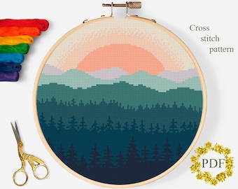 Landscape Modern Cross Stitch Pattern PDF, Mountains Counted Cross Stitch Chart, Nature, Forest, Sunset, Hoop Embroidery, Digital Download
