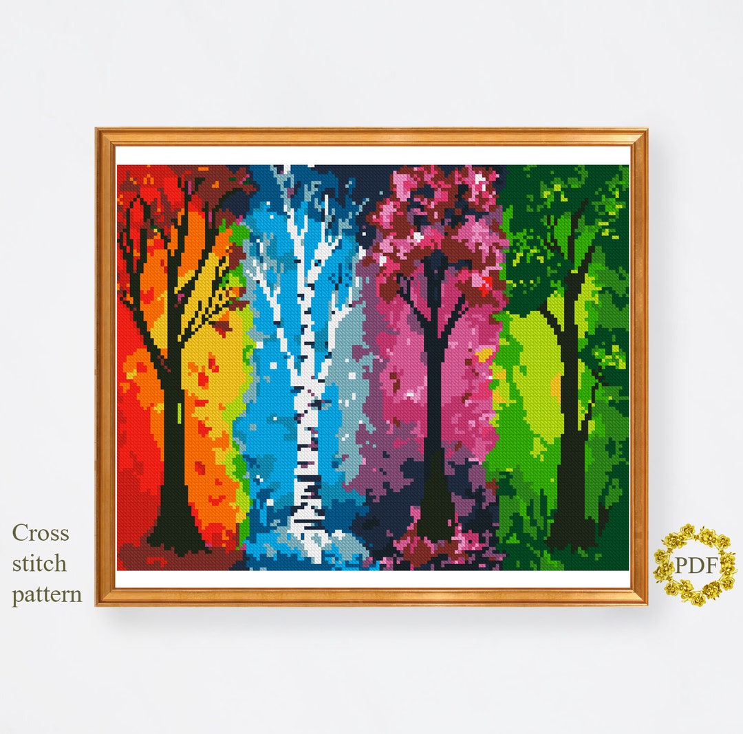 Trees Seasons Modern Cross Stitch Pattern PDF, Landscape Counted Cross ...