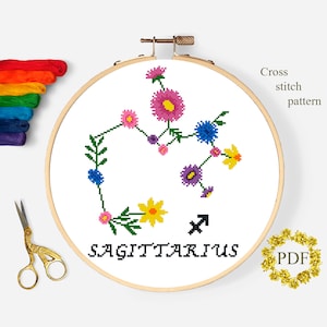 Padrão moderno de ponto cruz de Sagitário PDF, gráfico de ponto cruz contado do signo do zodíaco, flores, astrologia, bordado floral, download digital