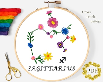 Sagittarius Modern Cross Stitch Pattern PDF, Zodiac Sign Counted Cross Stitch Chart, Flowers, Astrology, Floral Embroidery, Digital Download