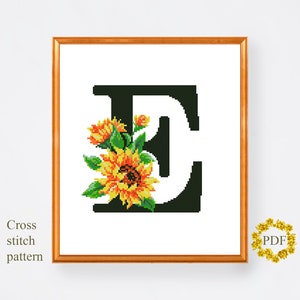 Monograma moderno patrón de punto de cruz PDF, carta floral E gráfico de punto de cruz contado, girasol de flores, bordado de Ucrania, descarga digital