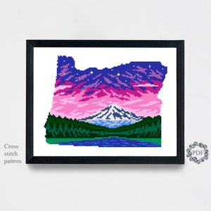 Oregon State Map Modern Cross Stitch Pattern PDF, Paysage Compté Cross Stitch Chart, Mountain, Nature, Stars, Embroidery Digital Download