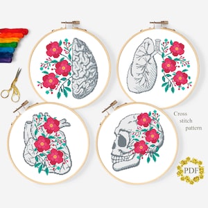 Set Anatomy Human Modern Cross Stitch Pattern PDF, Medical Counted Cross Stitch Chart, Floral Heart, Skull, Brain, Lungs, Digital Download