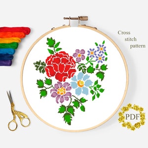 Floral Modern Cross Stitch Pattern PDF, Flowers Counted Cross Stitch Chart, Spring Bouquet, Rose, Nature, Hoop Embroidery, Digital Download