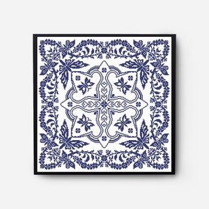 May include: A framed square print with a blue and white geometric pattern. The pattern features a central motif of four stylized butterflies, surrounded by a border of floral and butterfly designs.