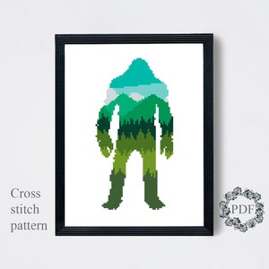 Bigfoot Modern Cross Stitch Pattern PDF, Sasquatch Counted Cross Stitch Chart, Yetis, Green Mountain Landscape, Embroidery, Digital Download