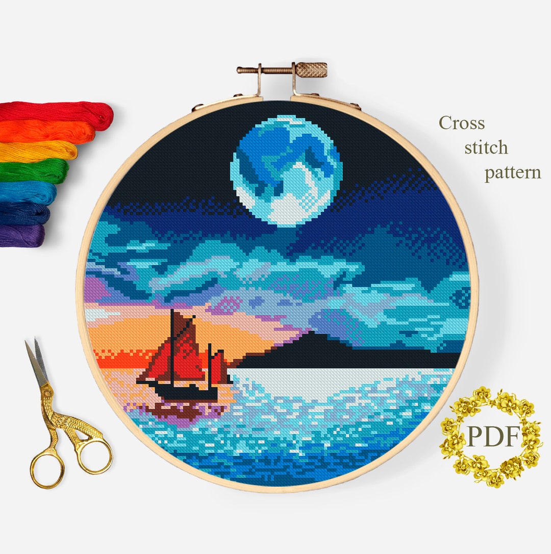 Landscape Modern Cross Stitch Pattern PDF, Sea Sailboat Counted Cross ...