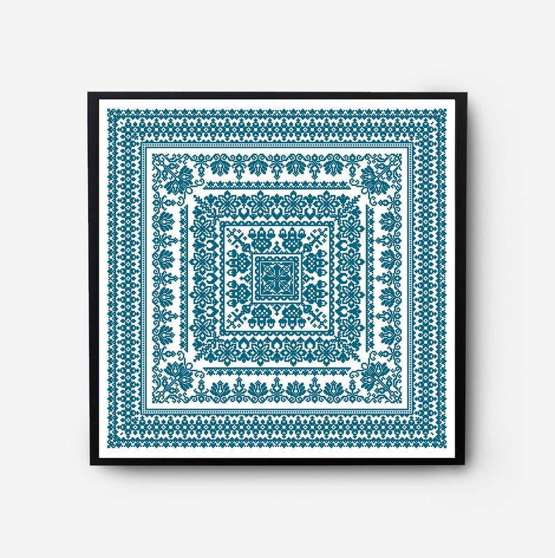 Monochromatic Sampler Cross Stitch Pattern PDF, Floral Folk Modern Counted Cross Stitch Chart, Pillow, Embroidery Antique, Instant Download image 1