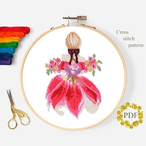 Patrón de punto de cruz de acuarela para niña, gráfico de punto de cruz contado de flores, naturaleza, floral, retro, bordado con aro, descarga digital