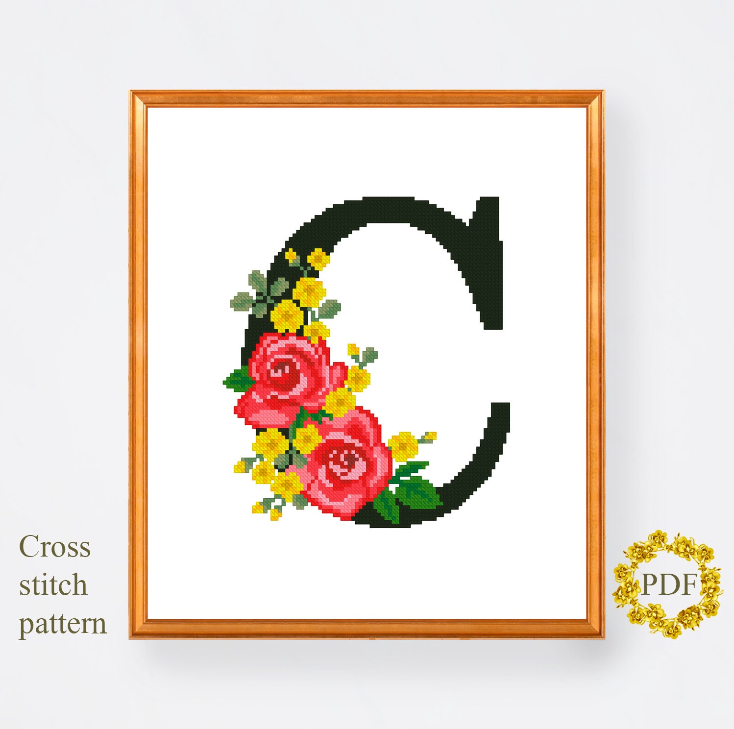 Letter C Of Black Floral Monogram Botanical Design Etsy Cross