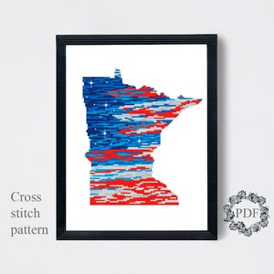 Minnesota State Modernes Kreuzstichmuster PDF, amerikanische Flagge Kreuzstichvorlage, USA Karte, patriotische Stickerei, digitaler Download