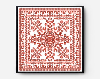 Folk Sampler Modern Cross Stitch Pattern PDF, Monochromatic Flowers Counted Cross Stitch Chart, Pillow, Carpet Embroidery, Digital Download