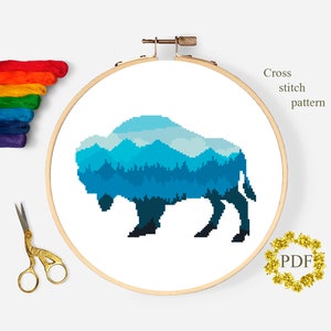 Silhouette Bison Modern Cross Stitch Pattern PDF, Animal Counted Cross Stitch Chart, Nature, Mountain Landscape, Embroidery Digital Download