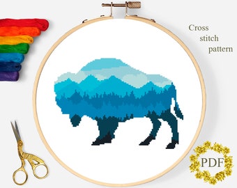 Silhouette Bison Modern Cross Stitch Pattern PDF, Animal Counted Cross Stitch Chart, Nature, Mountain Landscape, Embroidery Digital Download