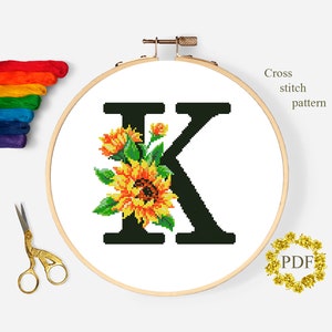 Letra K Modern Cross Stitch Pattern PDF, Monograma Floral Contado Cross Stitch Chart, Flor Girassol, Bordado Ucrânia, Download Digital