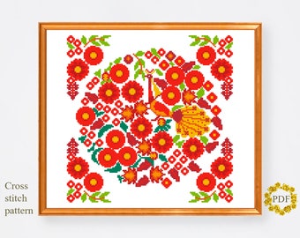 Floral Folk Art Modern Cross Stitch Pattern PDF, Flower Counted Cross Stitch Chart, Ukraine Designer, Nature Embroidery, Digital Download