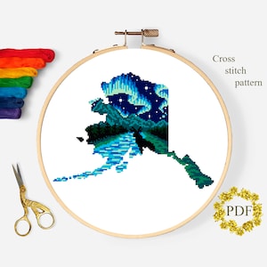 Alaska State Modern point de croix modèle PDF, paysage USA carte compté grille de point de croix, montagnes, Nature, broderie, téléchargement numérique