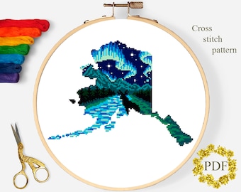 Alaska State Modern Cross Stitch Pattern PDF, Landscape USA Map Counted Cross Stitch Chart, Mountains, Nature, Embroidery, Digital Download