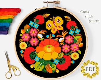 Floral Folk Art Modern Cross Stitch Pattern PDF Flower | Etsy