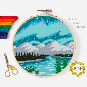 Northern Lights Modern Cross Stitch Pattern PDF, Mountain Landscape Counted Cross Stitch Chart, Nature, River, Embroidery, Digital Download