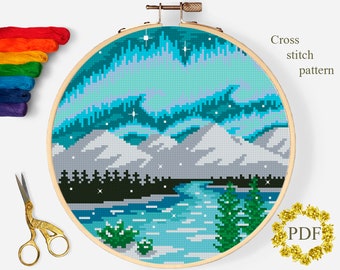 Northern Lights Modern Cross Stitch Pattern PDF, Mountain Landscape Counted Cross Stitch Chart, Nature, River, Embroidery, Digital Download