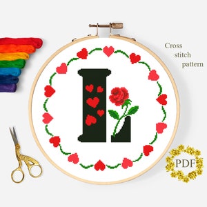Letra L Moderno Padrão de Ponto Cruz PDF, Monograma Floral Contado Gráfico de Ponto Cruz, Flor Rosa, Amor, Bordado de Argola, Download Digital