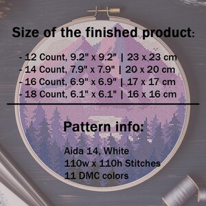 Mountains Modern Cross Stitch Pattern PDF, Lavender Landscape Counted Cross Stitch Chart, Nature, Forest, Hoop Embroidery, Digital Download image 7
