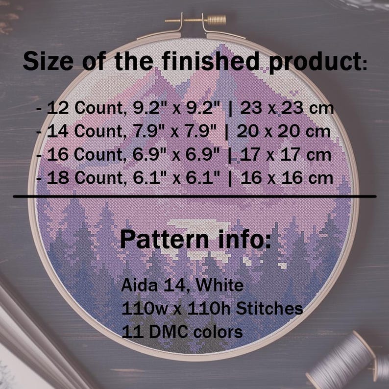 Mountains Modern Cross Stitch Pattern PDF, Lavender Landscape Counted Cross Stitch Chart, Nature, Forest, Hoop Embroidery, Digital Download image 7