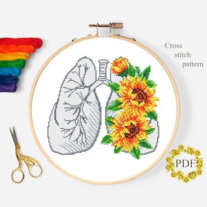 Lungs Floral Modern Cross Stitch Pattern PDF, Anatomy Counted Cross Stitch Chart, Medical, Flowers Sunflowers, Embroidery, Digital Download