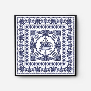 Monochromatic Sampler Cross Stitch Pattern PDF, Floral Folk Modern Counted Cross Stitch Chart, Pillow, Embroidery Antique, Instant Download