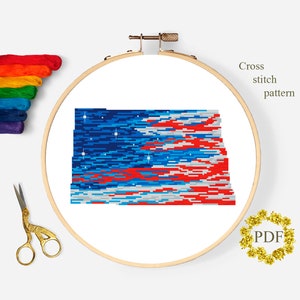 North Dakota State Karte Modernes Kreuzstichmuster PDF, Flagge Amerika Kreuzstichvorlage, Himmel, Vaterländische Stickerei, digitaler Download