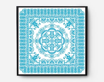May include: A framed cross-stitch design featuring a blue and white geometric pattern with a floral motif in the center.