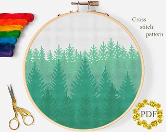 Foggy Forest Modern Cross Stitch Pattern PDF, Green Landscape Counted Cross Stitch Chart, Nature Xstitch, Hoop Embroidery, Digital Download