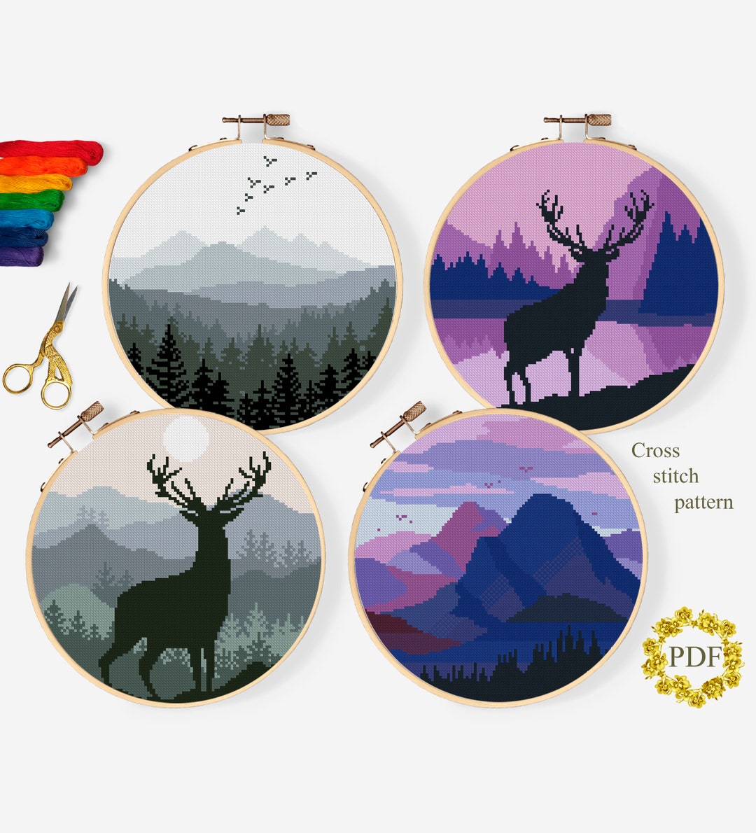 Set Mountain Landscape Modern Cross Stitch Pattern PDF, Deer Counted ...