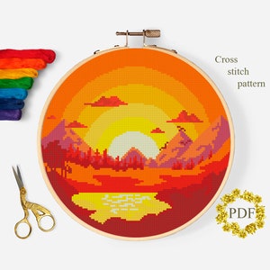 Berglandschaft moderne Kreuzstichvorlage PDF, Sonnenuntergang gezählt Kreuzstichvorlage, Natur, Fluss, Hoop Art Embroidery, digitaler Download
